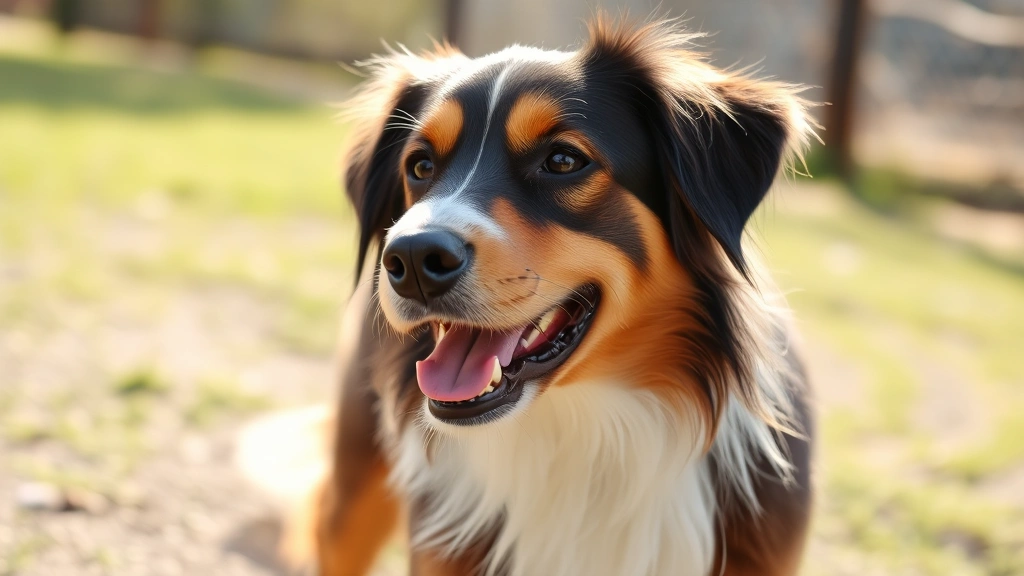 Healthy dog with glossy coat playing outdoors in sunlight, vibrant fur texture showing no flaking, natural outdoor environment