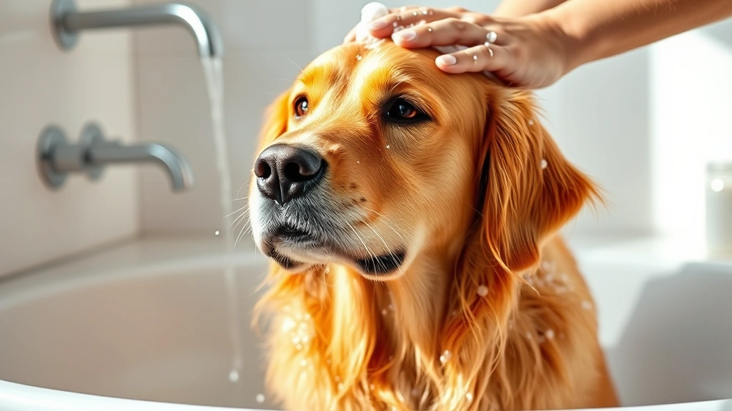 Golden retriever being bathed with warm water and shampoo in a modern bathroom, soapy fur visible, natural lighting, relaxed dog expression