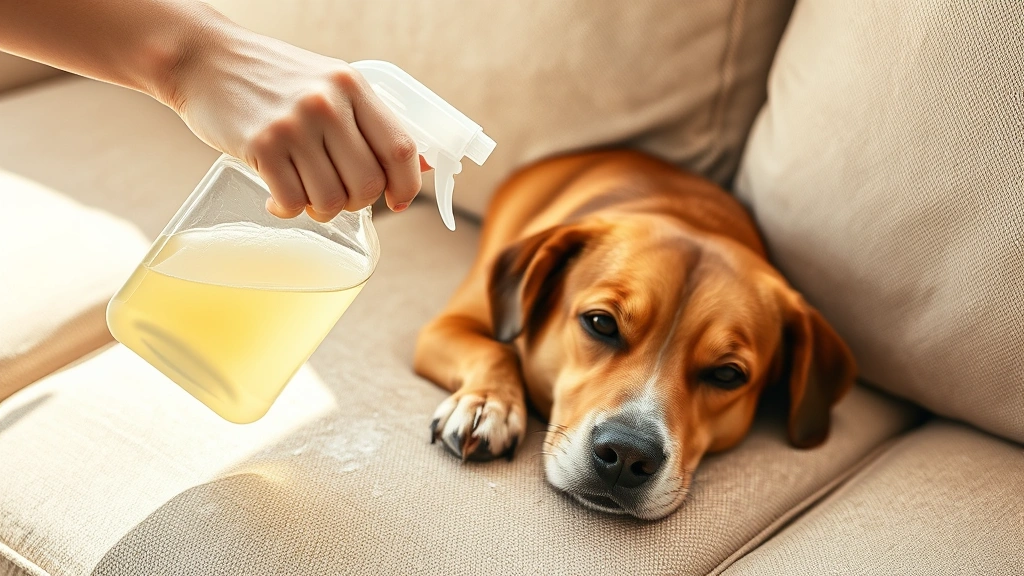 Hand spraying enzymatic cleaner on beige couch fabric where a brown dog is lying, close-up detail of cleaning process, bright daylight