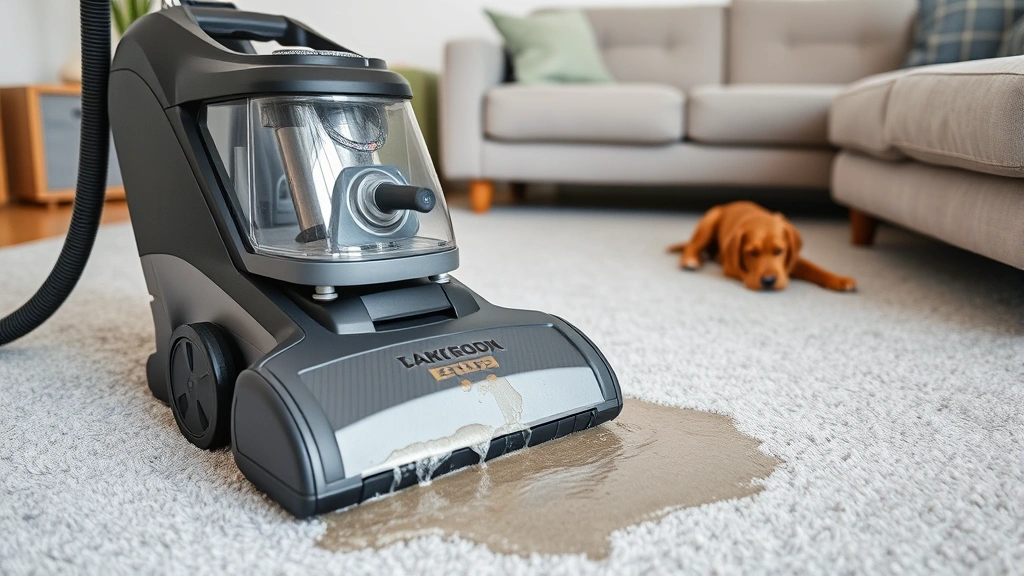 Professional carpet cleaning machine extracting dirty water from light gray carpet in living room with dog toys visible, industrial equipment in action