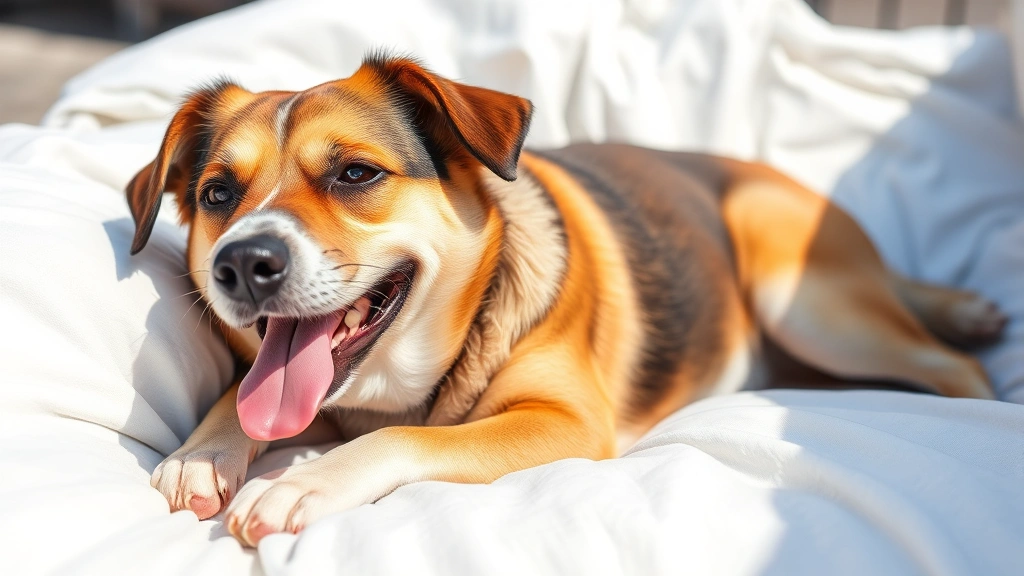 Happy medium-sized dog lying on fresh, clean white bedding outdoors in bright sunlight, relaxed expression with healthy-looking coat