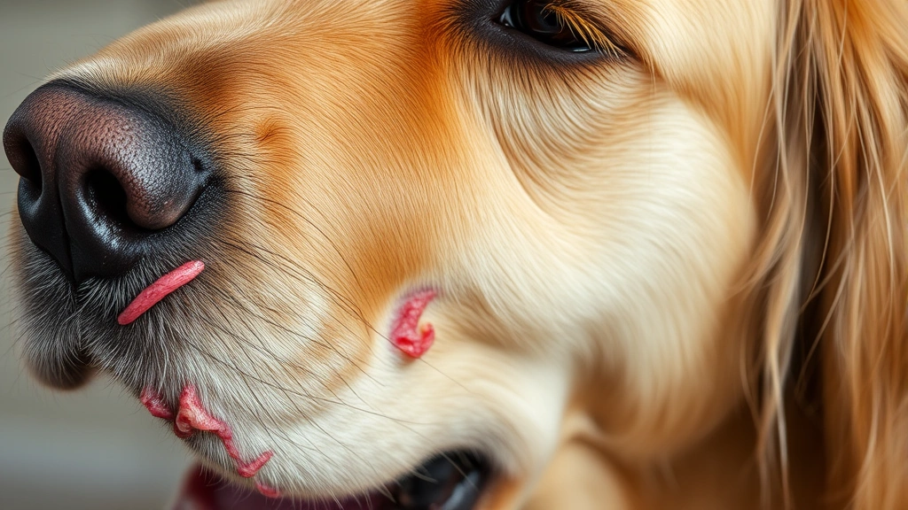 Close-up of a golden retriever's inflamed, patchy skin with visible hair loss and redness, showing signs of mange condition