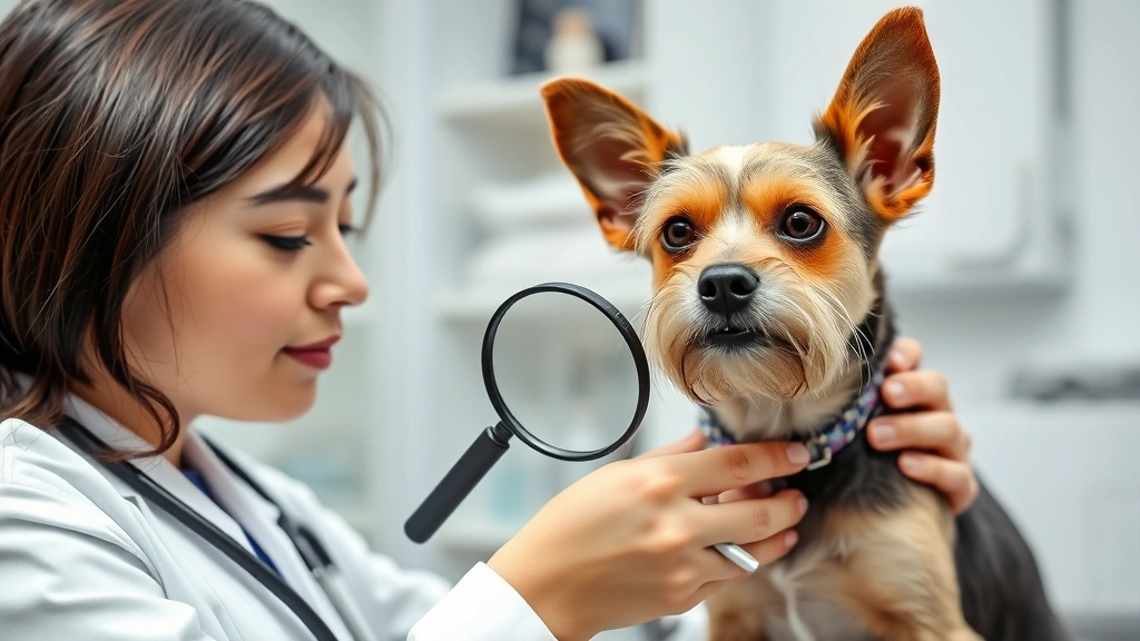 A gentle veterinarian examining a small terrier's skin with a magnifying glass and skin scraping tool in a bright clinic setting