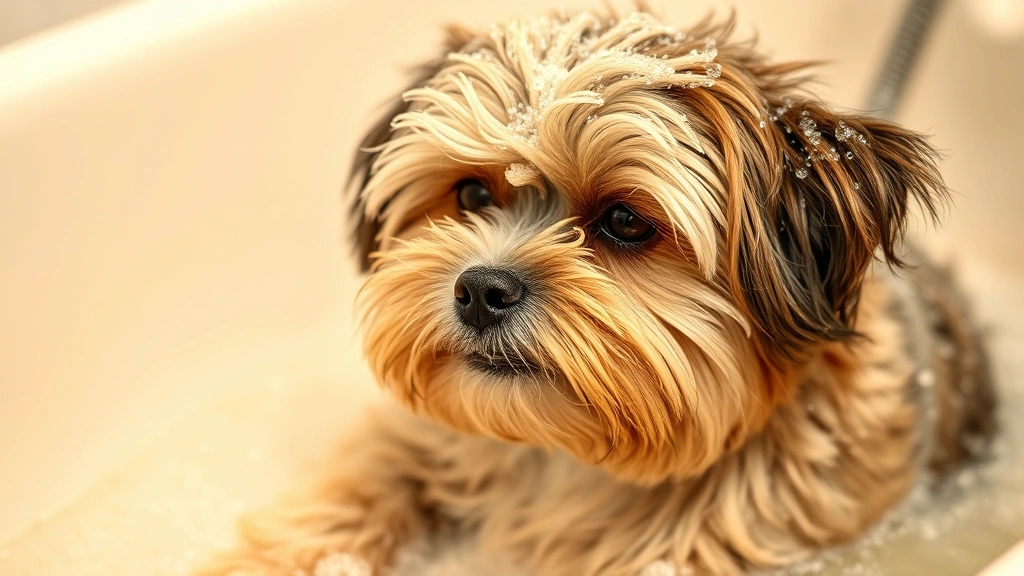 A fluffy dog enjoying a warm medicated bath with sooty medicinal shampoo lather, looking calm and comfortable during treatment