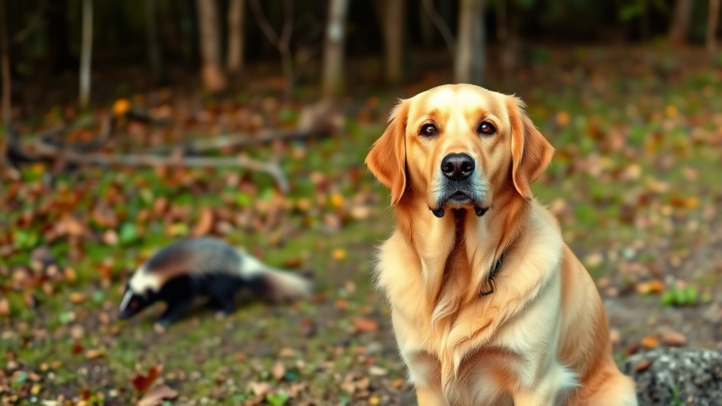 Golden retriever dog sitting outdoors with concerned expression near wooded area with skunk visible in background, no text, no words, no letters