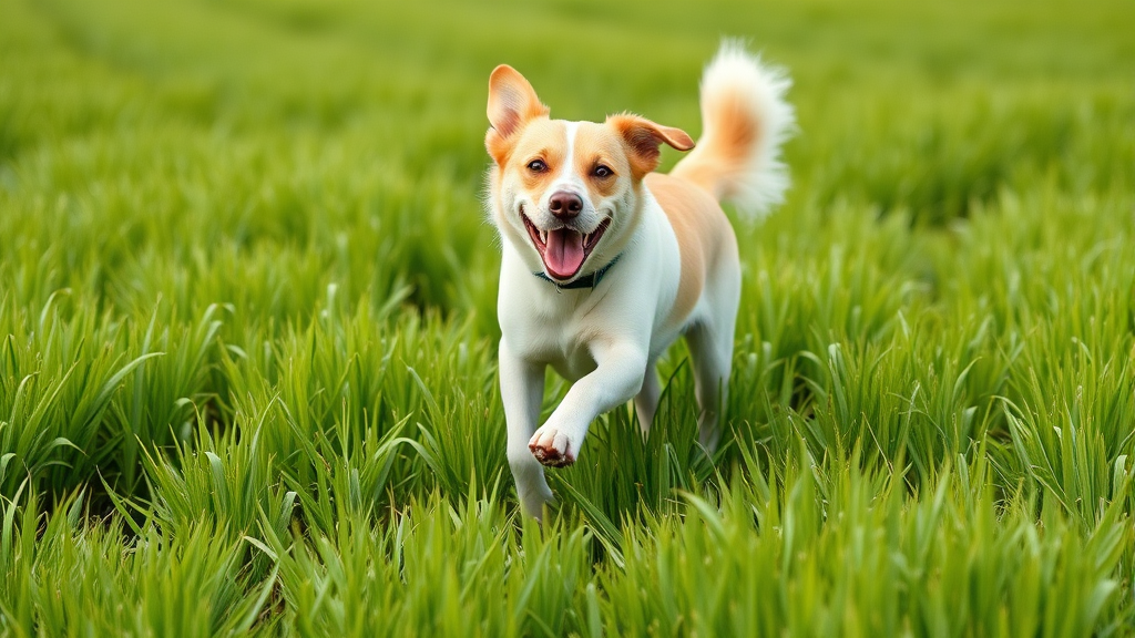 Clean happy dog running through green grass field with fresh appearance and wagging tail, no text, no words, no letters