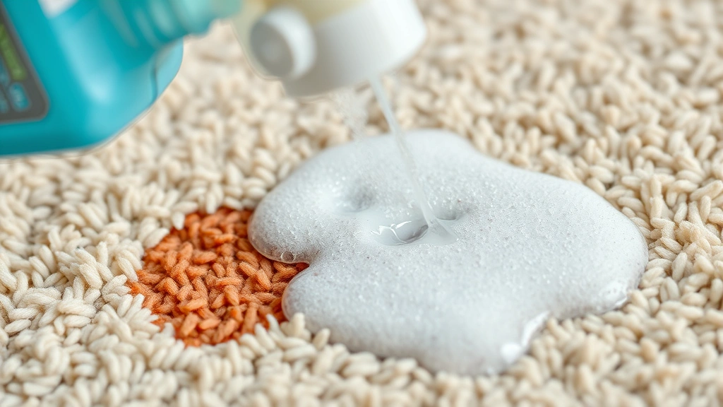 Close-up of enzymatic cleaner bottle spraying onto a carpet stain, with foam bubbles forming on beige carpet fibers