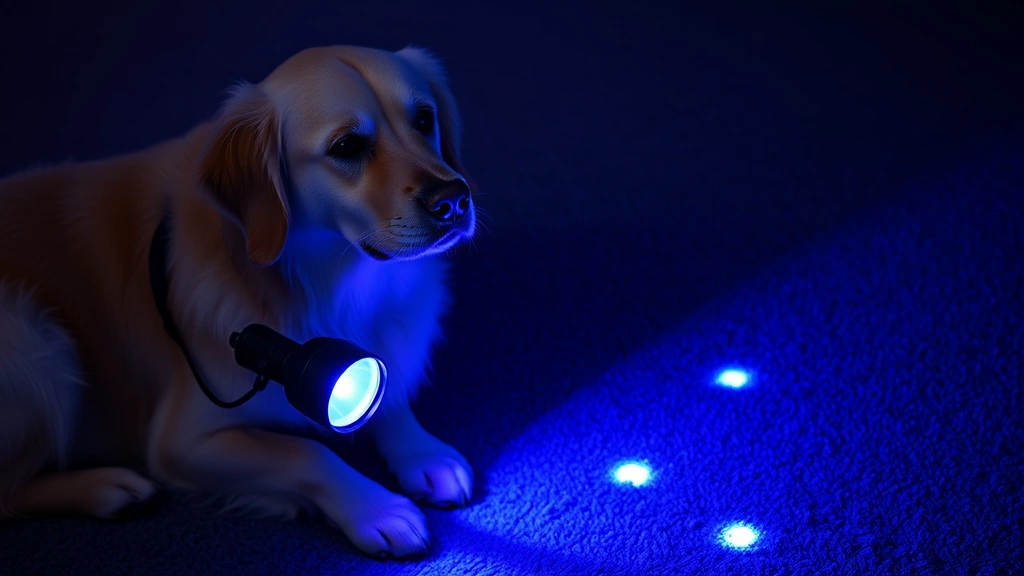 Golden Retriever sitting next to a blacklight ultraviolet flashlight glowing on a dark carpet, highlighting invisible urine spots