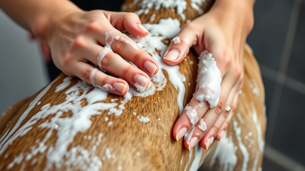 Close-up of hands massaging dog shampoo into a wet dog's back and shoulders, creating lather with gentle fingertip motions