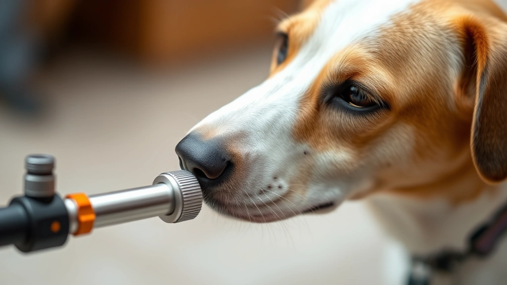 Close-up of a dog's nose gently touching an extended telescopic arm during a training session, demonstrating trust and comfort with the device