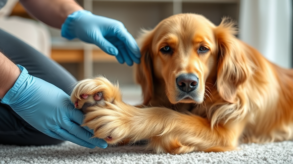 Golden retriever with minor paw wound receiving gentle home care treatment, no text no words no letters