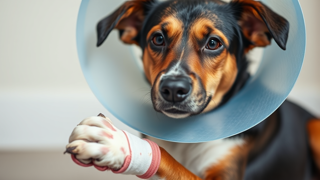 Dog wearing protective cone collar while wound heals with bandaged paw, no text no words no letters