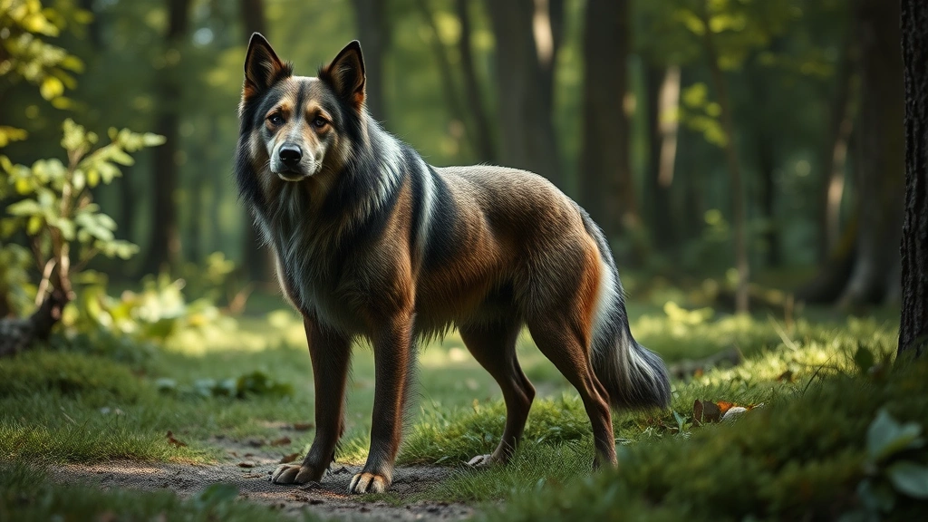 Medieval fantasy dog character standing alertly in a lush green forest clearing, photorealistic style, detailed fur texture and natural lighting