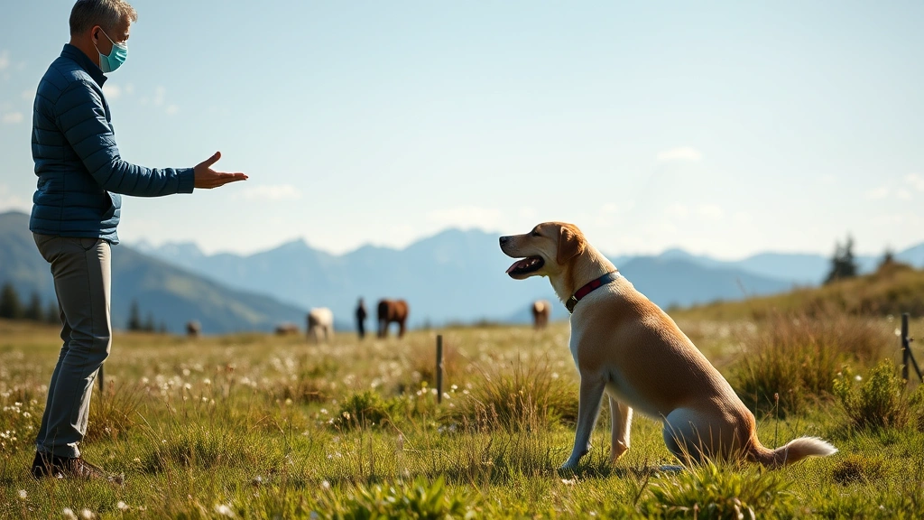 Training scene showing a dog responding to hand signals in a peaceful meadow landscape with mountains in background, photorealistic daylight