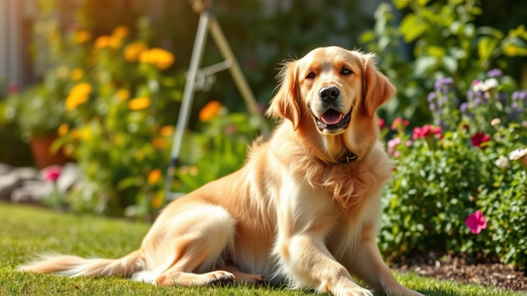 Golden retriever sitting comfortably in sunny garden with healthy posture, no text no words no letters