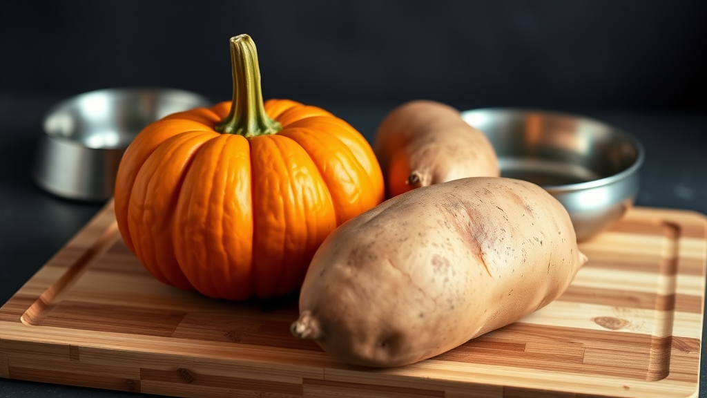 Fresh pumpkin and sweet potato on wooden cutting board with dog bowl, no text no words no letters