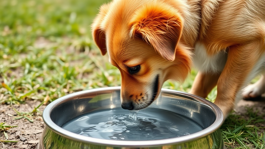 Happy dog drinking fresh water from stainless steel bowl outdoors, no text no words no letters