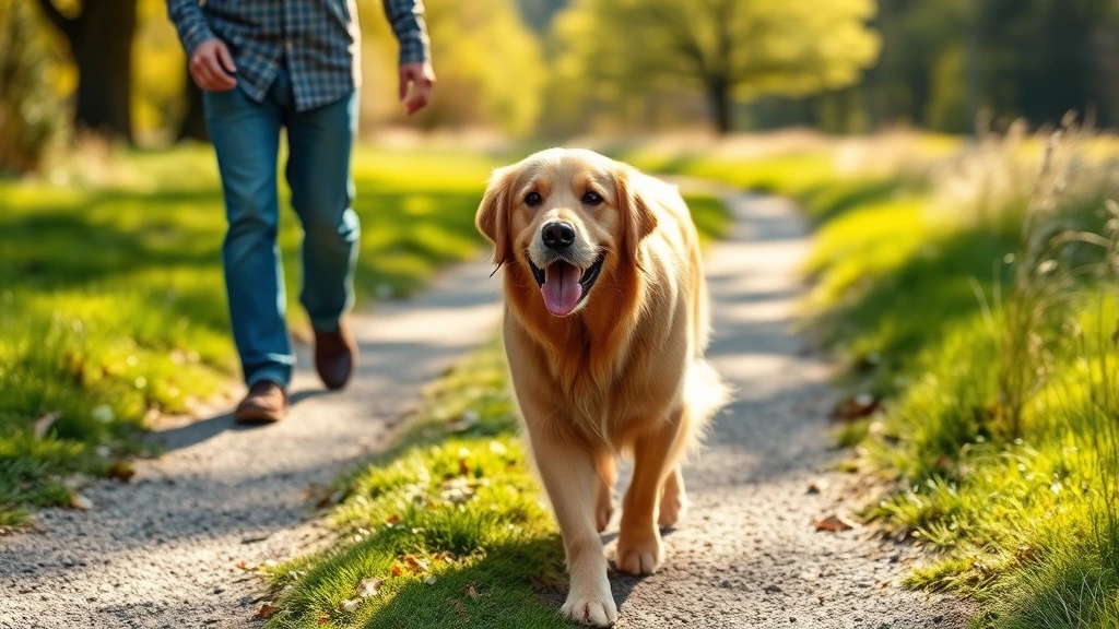 Golden retriever walking on sunny morning path with owner, dog's body language relaxed and happy, natural outdoor setting with green grass and trees