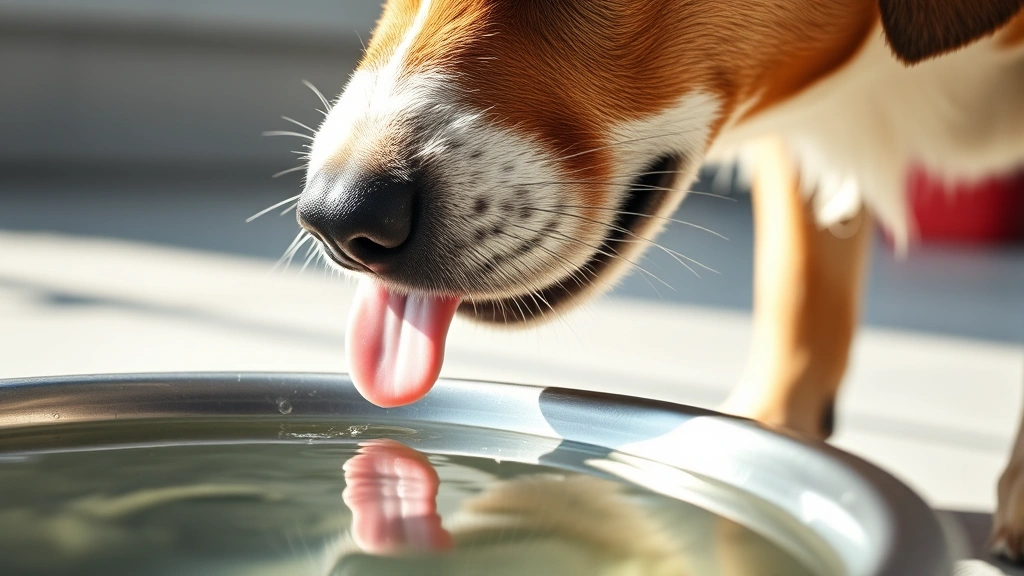 Close-up of dog drinking fresh water from metal bowl, shallow depth of field, bright natural lighting, dog's tongue touching water surface, clean environment