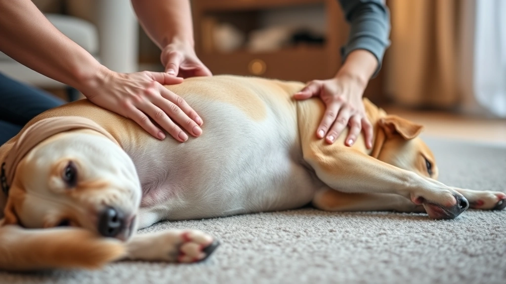 Dog lying on side receiving gentle abdominal massage from owner's hands on soft carpet, dog appears calm and relaxed, warm indoor lighting, peaceful atmosphere
