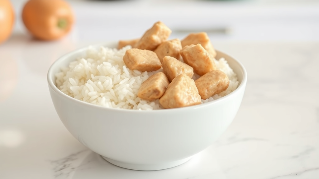 Bowl of white rice and boiled chicken pieces on clean kitchen counter, no text no words no letters