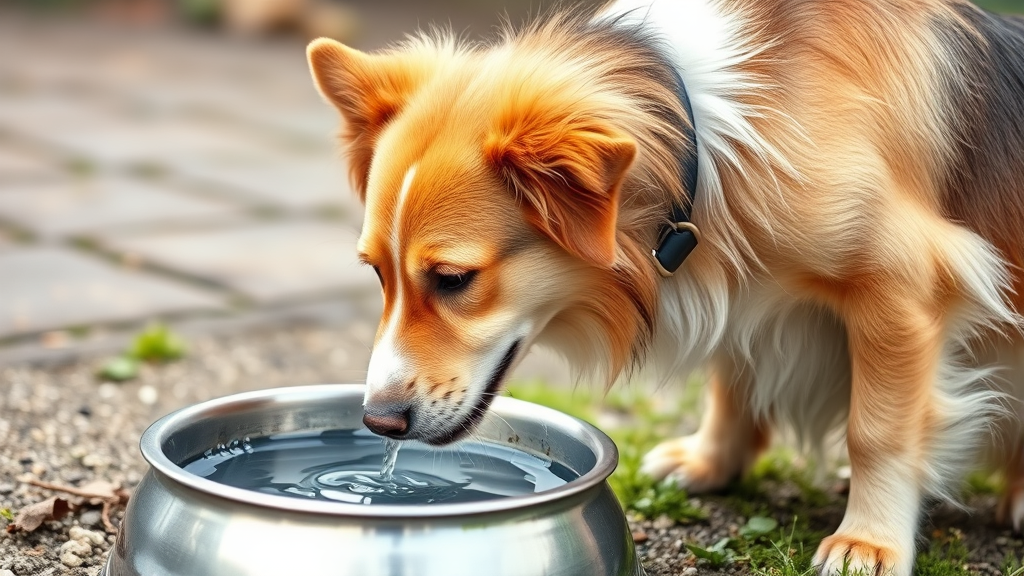 Happy healthy dog drinking fresh water from stainless steel bowl outdoors, no text no words no letters