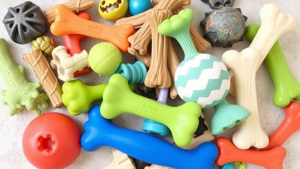 Various safe dog toys and chew items arranged together on a surface, including rubber toys, bully sticks, and dental chews, no text visible