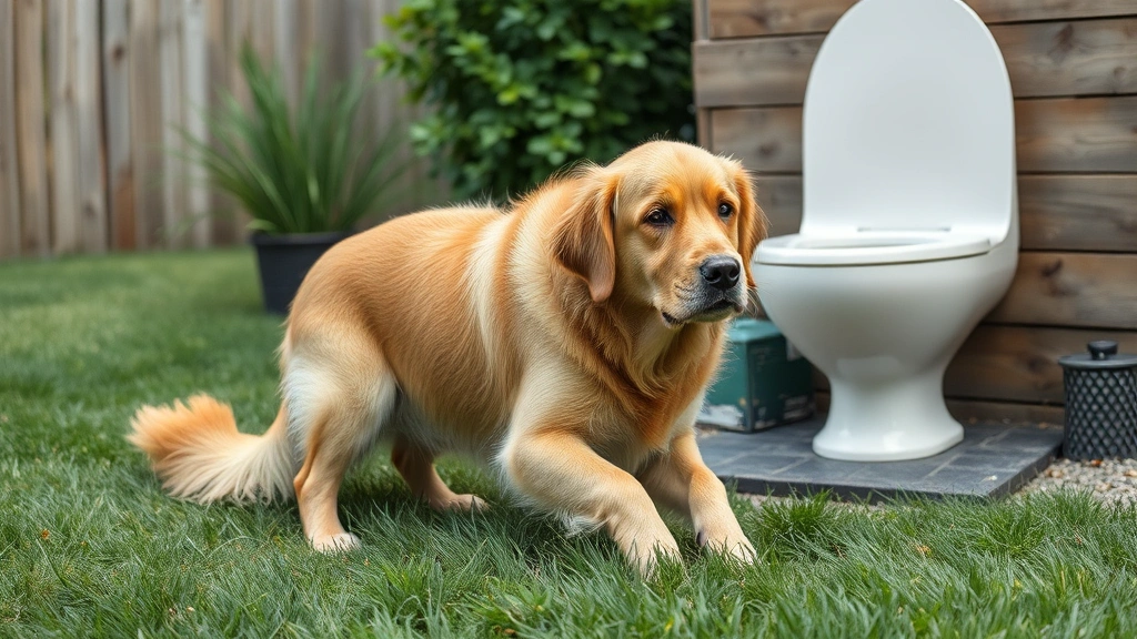 Golden retriever straining during bathroom break in grassy backyard, looking uncomfortable and focused