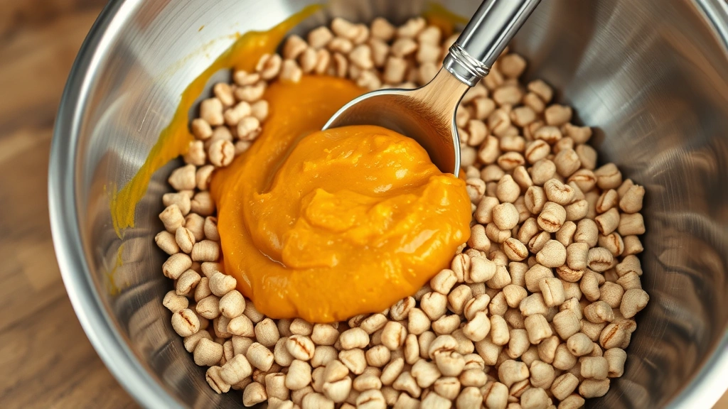 Close-up of pumpkin puree being stirred into dog kibble in a stainless steel bowl