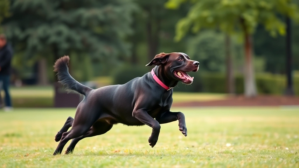 Happy Labrador running energetically through park during exercise, tail up, mid-stride on grass