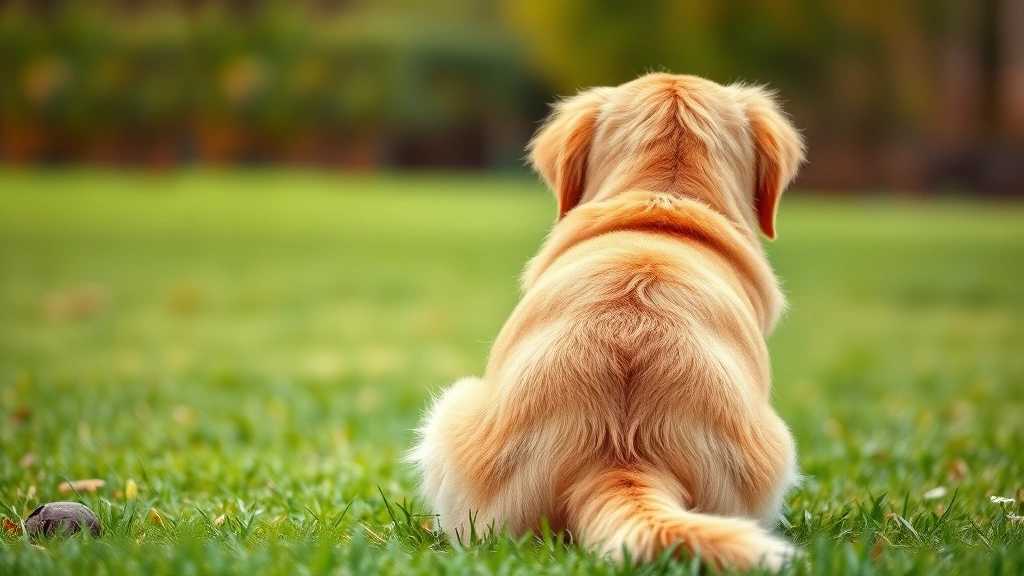 Golden Retriever sitting on grass looking uncomfortable, rear end visible, outdoor natural daylight setting, photorealistic style
