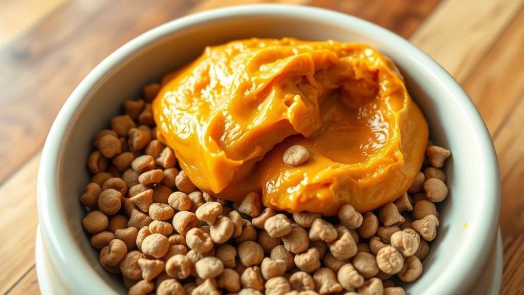 Close-up of dog food bowl with pumpkin puree and kibble mixed together, wooden floor background, natural lighting, photorealistic