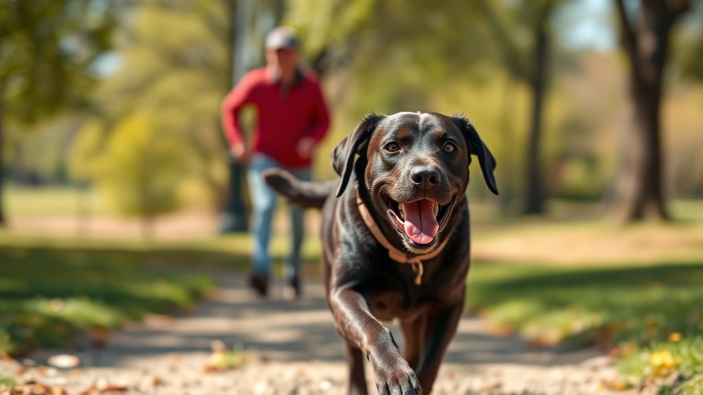 Happy Labrador running through park with owner in blurred background, active playful motion, sunny day, photorealistic style