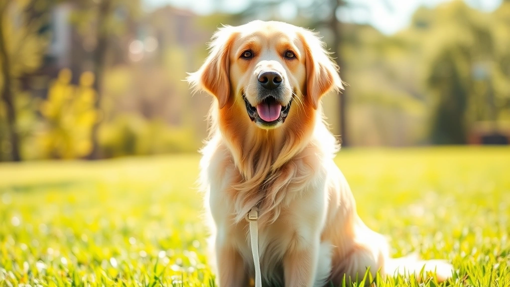 Golden Retriever sitting outdoors on grass in bright sunlight, healthy alert expression, natural lighting