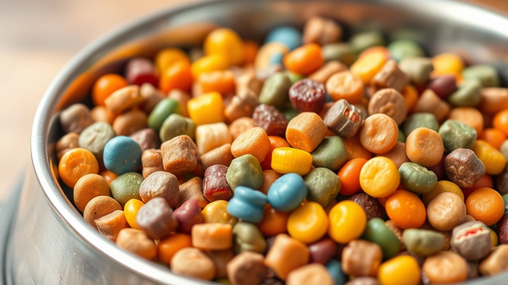 Close-up of colorful dog food kibble in a stainless steel bowl, fresh and appetizing presentation