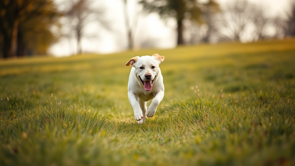 Happy Labrador running through a grassy park field during daytime, mid-stride action shot, joyful movement