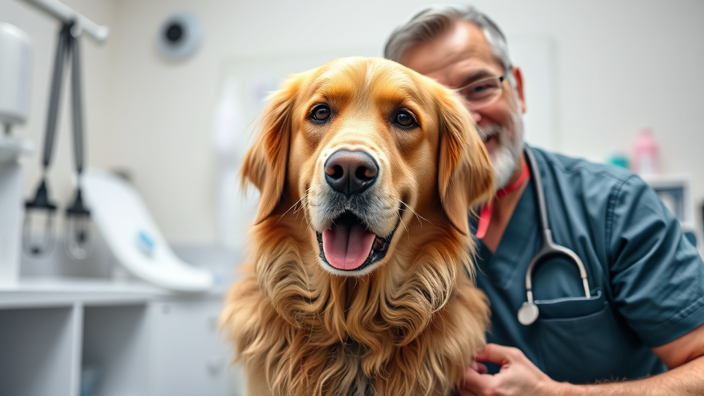 Concerned dog owner with golden retriever at veterinary clinic, professional medical setting, no text no words no letters