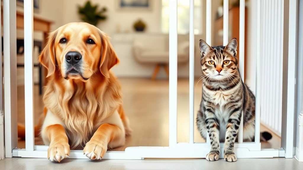 Golden retriever and tabby cat sitting calmly on opposite sides of a baby gate, curious but relaxed body language, bright home interior