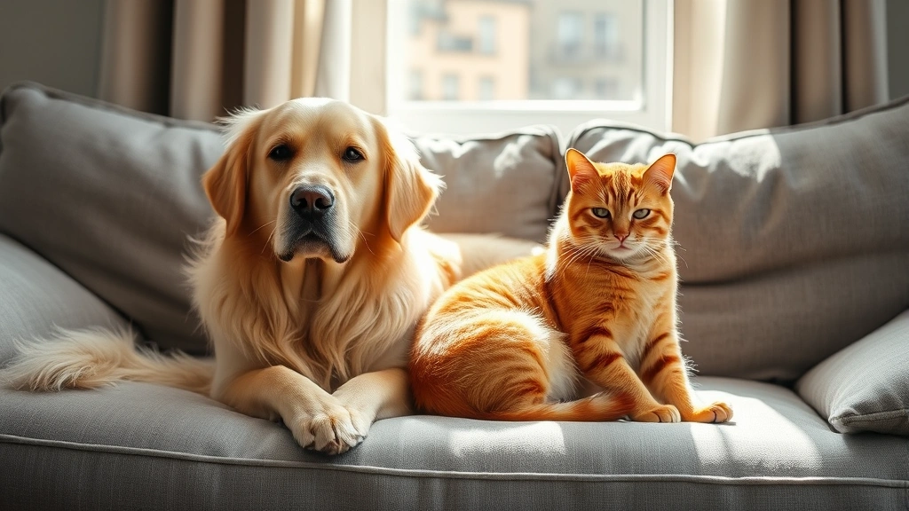 Golden retriever and orange tabby cat sitting peacefully on a soft gray couch together, sunlight streaming through a window, calm and content expressions