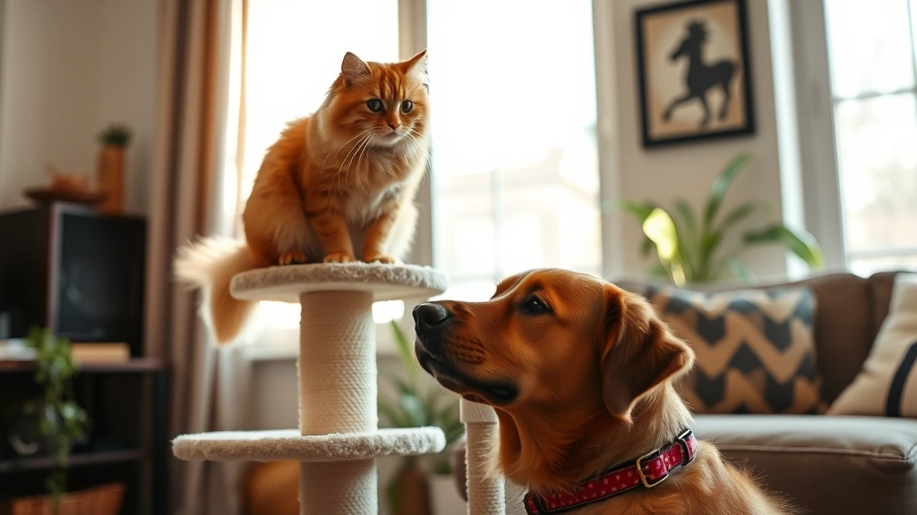 Fluffy orange cat on high cat tree perch observing friendly brown dog below, natural sunlight from window, cozy living room setting