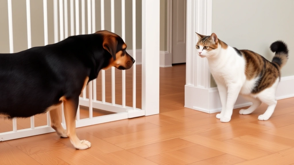 Dog sniffing at a baby gate while cat watches from the other side, both animals curious but calm, neutral colored room with hardwood floors