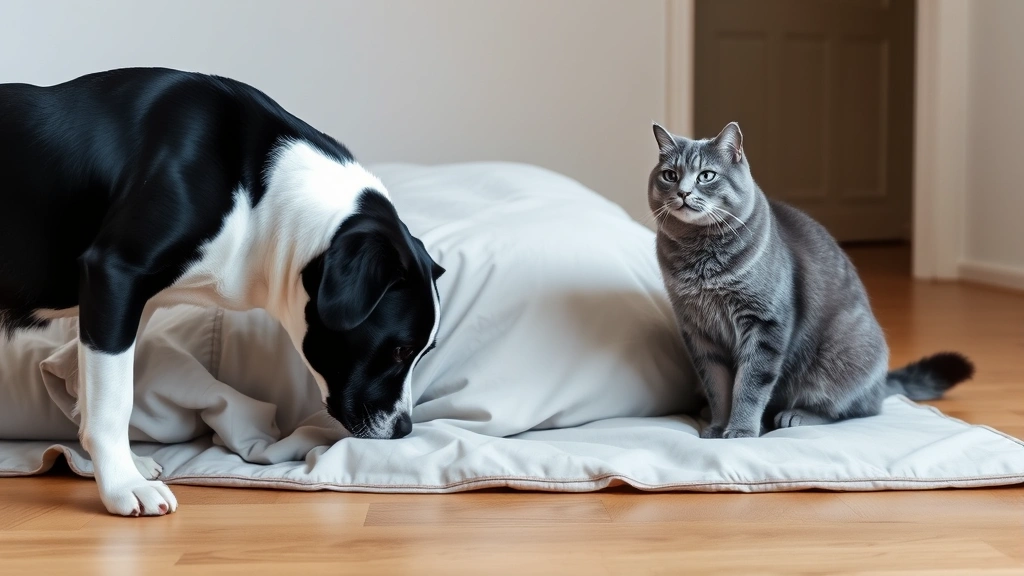 Black and white dog sniffing bedding on floor while gray cat watches from safe distance, wooden floor, minimalist room with neutral colors