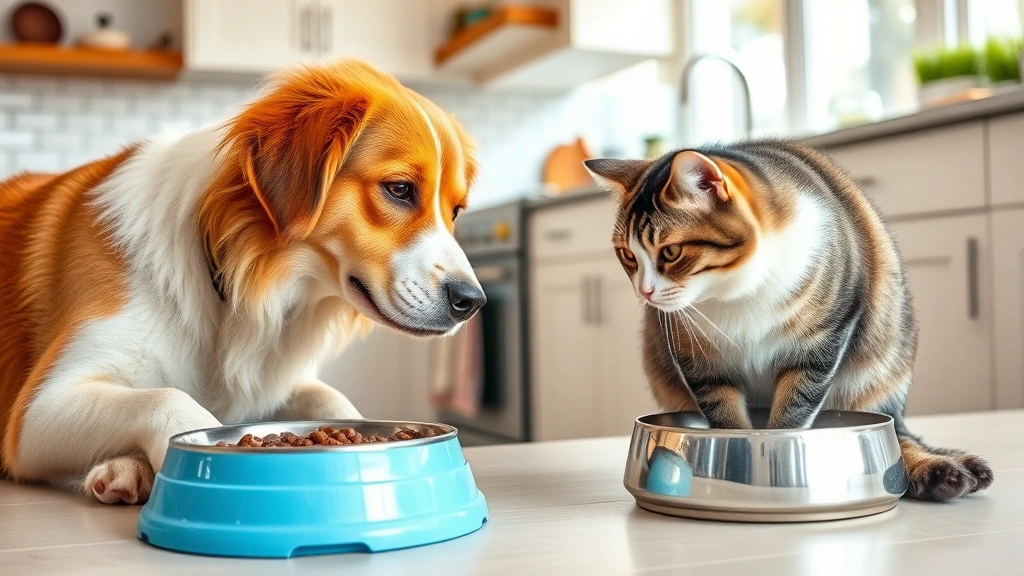 Dog and cat eating from separate bowls in a bright kitchen, positioned at a safe distance from each other, focused on their own meals