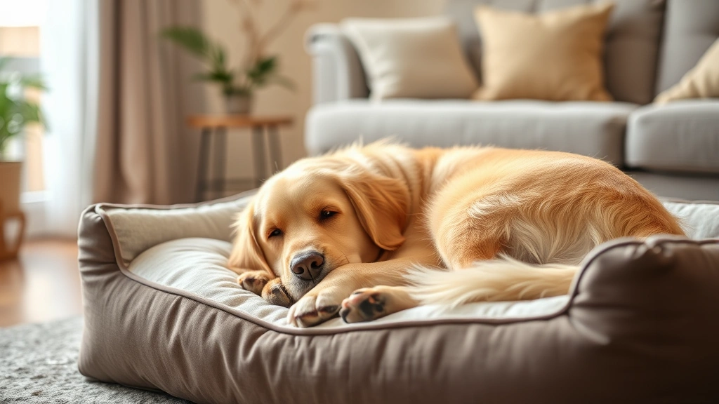 Golden Retriever relaxing on a comfortable dog bed with orthopedic support, soft lighting, cozy home setting, no text or numbers