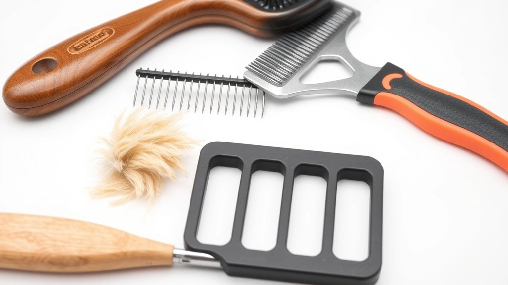 Close-up of various pet grooming tools including slicker brush, undercoat rake, and deshedding tool arranged on a white surface, professional photography style