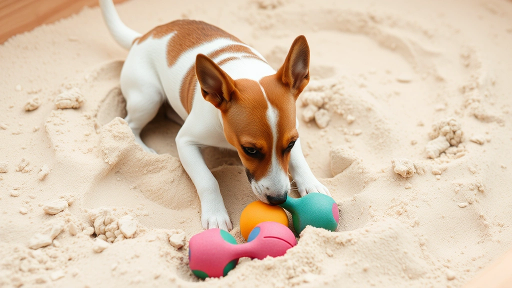 Jack Russell Terrier actively digging in a designated sandbox pit filled with light colored sand, toys partially visible in the sand