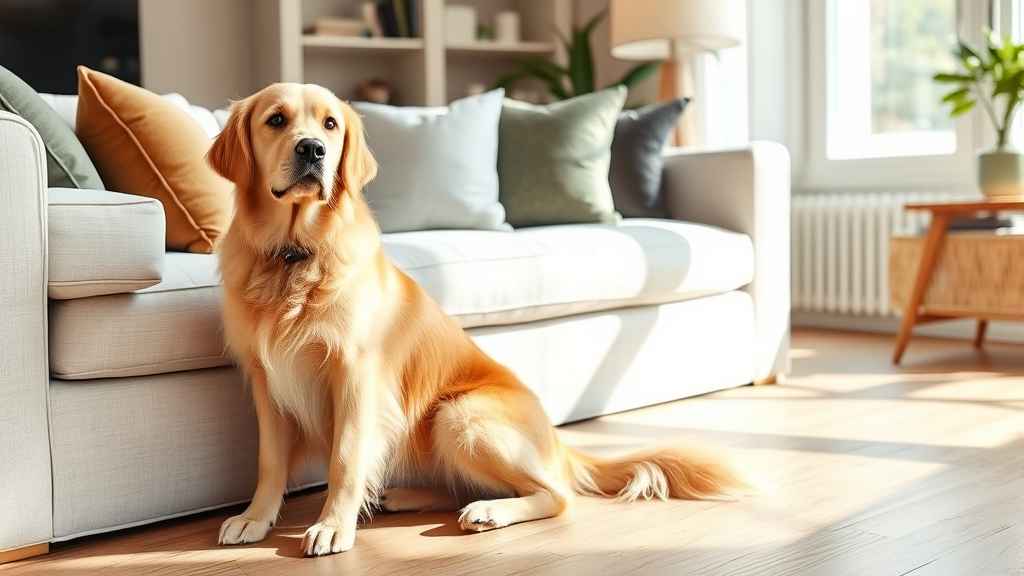 Golden retriever sitting obediently on floor beside elegant living room couch, natural lighting, comfortable home interior, no text no words no letters