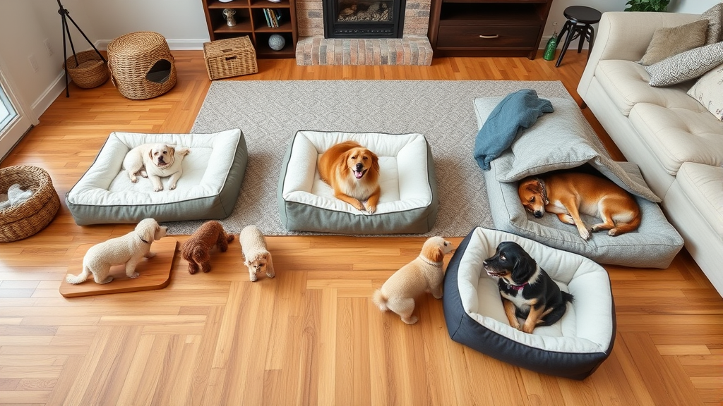 Various dog beds and furniture deterrents arranged on hardwood floor, cozy pet accessories, modern home setting, no text no words no letters