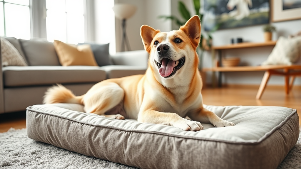 Happy dog relaxing on luxurious orthopedic pet bed in bright living room, content expression, alternative furniture solution, no text no words no letters
