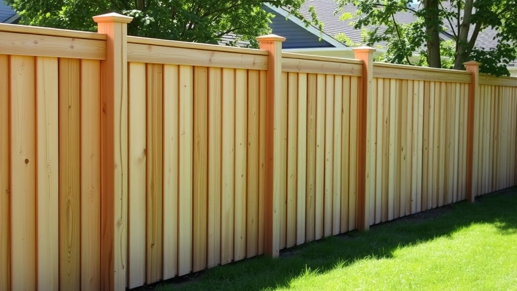 A sturdy wooden fence with clean vertical boards surrounding a residential yard, showing proper installation and maintenance, bright daylight